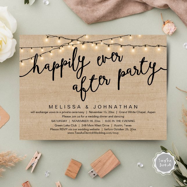 Invitation Joyeux Après La Fête, Dîner Rustique Mariage (Happily Ever After Party, Rustic Wedding Dinner Invitation Card, PDF, Cottage Brown Wood Graphic)