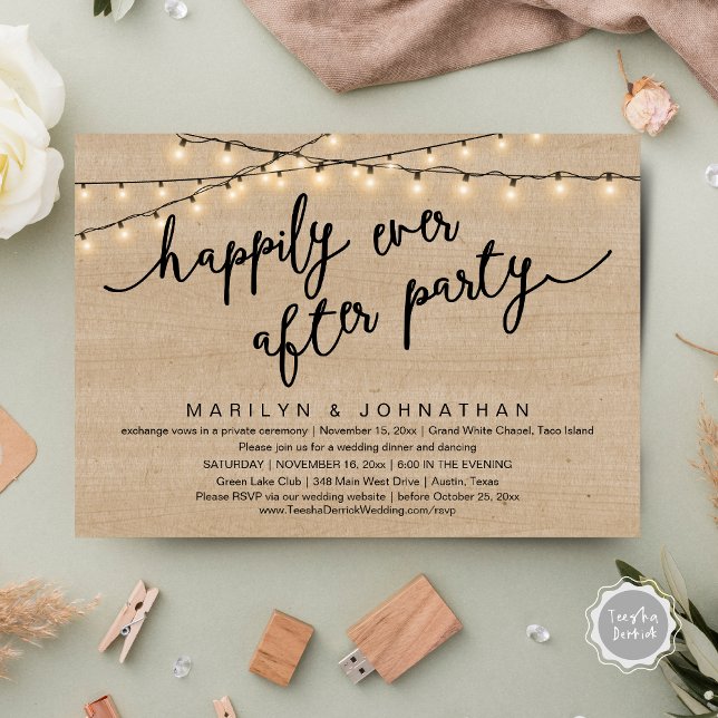 Invitation Joyeux Après La Fête, Dîner Rustique Mariage (Happily Ever After Party, Rustic Wedding Dinner Dancing Invitation Card, PDF, Brown Wood Background)