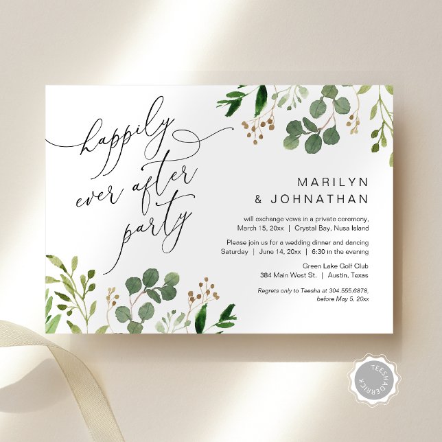 Invitation Joyeux Après La Fête, L'Édifice, La Verdure (Happily Ever After Party, Wedding Elopement, Greenery Eucalyptus Invitation Card, Downloadable)