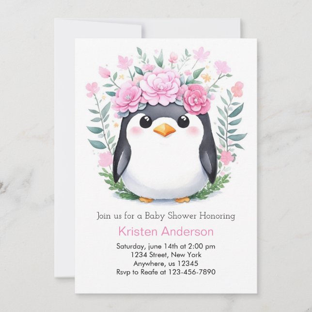 Invitation Joyeux Aquarelle Penguin Baby shower fille (Devant)