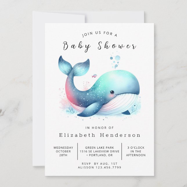 Invitation Joyeux Baby shower de baleines à imprimer (Devant)