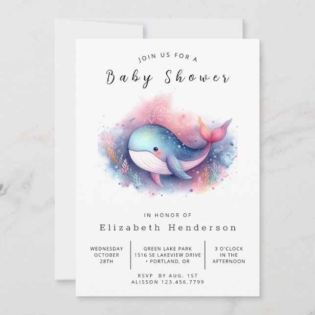 Invitation Joyeux Baby shower de baleines à imprimer (Devant)