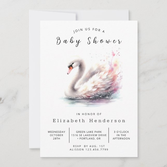 Invitation Joyeux Baby shower de cygne imprimable (Devant)