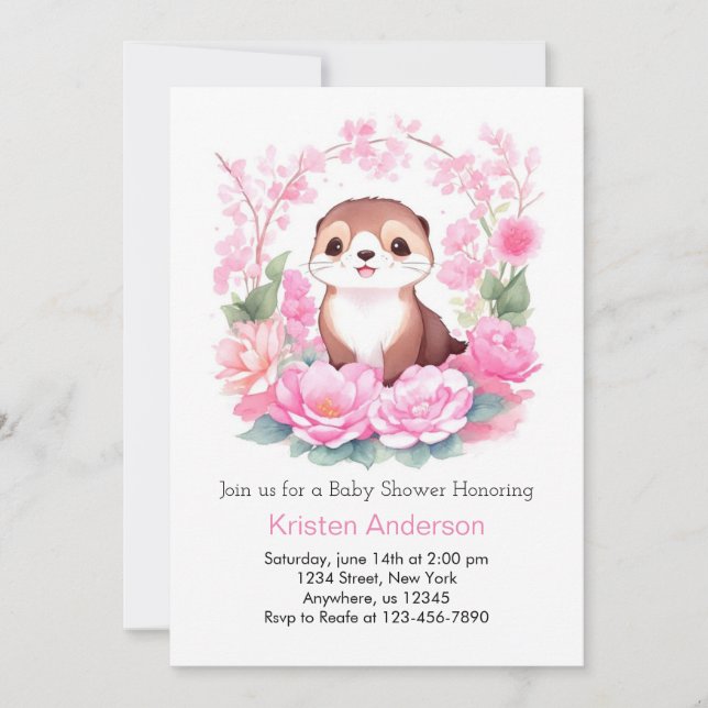 Invitation Joyeux Baby shower Fille Otter Rose Floral (Devant)