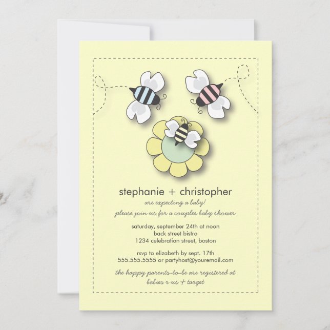 Invitation Joyeux Baby shower neutre des couples d'abeilles (Devant)
