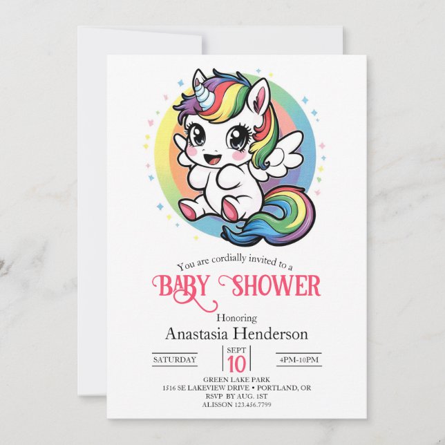 Invitation Joyeux Baby shower Unicorn jouant (Devant)