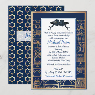Invitation Joyeux Bar Mitzvah 20XX Téfillin Or Jérusalem