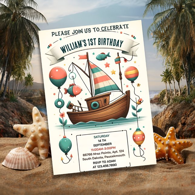 Invitation joyeux bateau mignon garçon Poisson d'un 1er anniv (Créateur téléchargé)