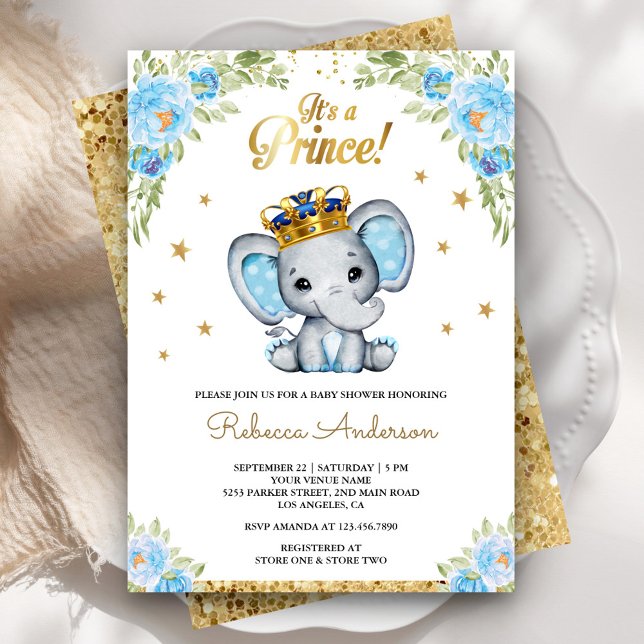 Invitation Joyeux Bébé Éléphant Prince Floral Mignon (Créateur téléchargé)