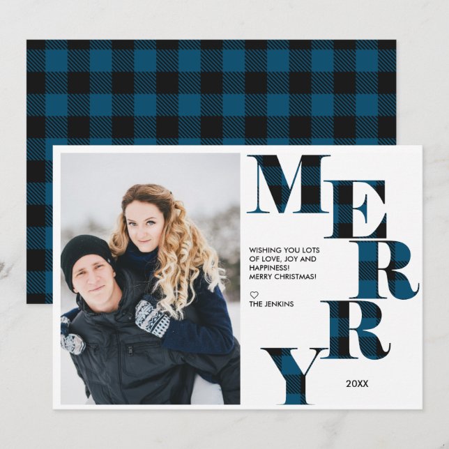 Invitation Joyeux | Blue Buffalo Plaid Photo Holiday (Devant / Derrière)