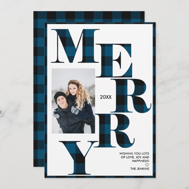 Invitation Joyeux | Blue Buffalo Plaid Vertical Photo Holiday (Devant / Derrière)