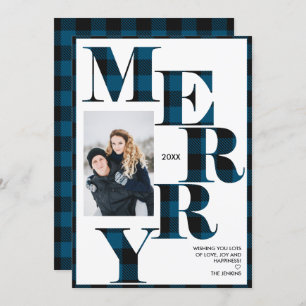 Invitation Joyeux   Blue Buffalo Plaid Vertical Photo Holiday