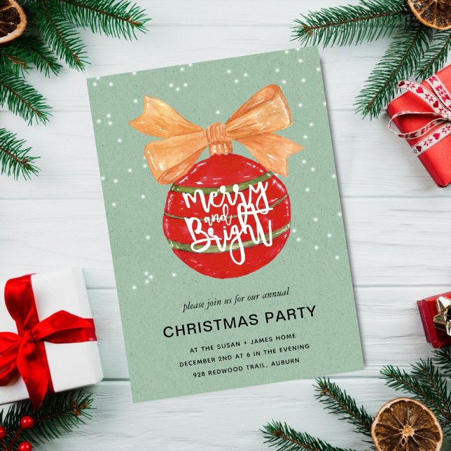 Invitation Joyeux & Bright l Aquarelle Rouge Ornements Neige (Créateur téléchargé)