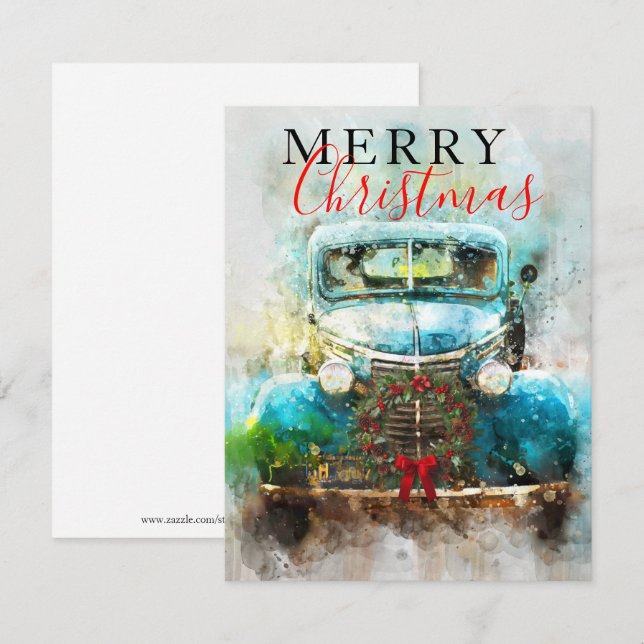Invitation Joyeux Camion Vintage d'aquarelle de Noël (Devant / Derrière)