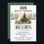 Invitation Joyeux Camper Kids 4e anniversaire<br><div class="desc">Fun neutre thème de camping anniversaire enfants fête. Disponible en téléchargement numérique imprimable. Idéal pour toute saison. Construisons quelque chose d'amusant pour votre petit à l'occasion de leur anniversaire ! Personnalisé,  personnalisé,  éditable téléchargement électronique aquarelle tente,  arbres,  bois,  boussole,  aventure commence,  joyeux camper</div>