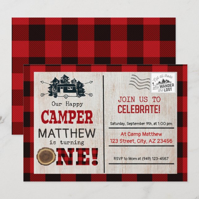 Invitation Joyeux Camper Lumberjack Flannel Premier anniversa (Devant / Derrière)