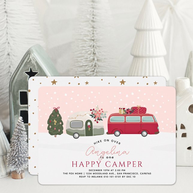 Invitation Joyeux Camper Noël Pink 1er anniversaire (Créateur téléchargé)