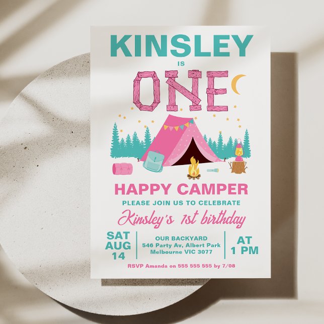 Invitation Joyeux Camper rose moderne thème 1er anniversaire (Baby Girls One Happy Camper 1st Birthday Invitation Template Editable Camping Themed First Birthday )
