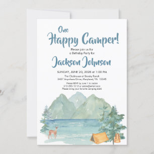 Invitation Joyeux Camper Rustic Mountains Aquarelle Anniversa