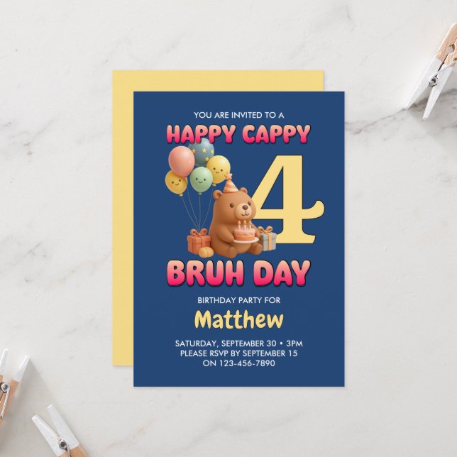 Invitation JOYEUX CAPPY BRUH JOURNÉE Capybara personnalisé 4e (Devant/Arrière en situation)