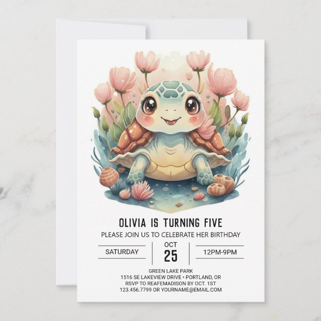 Invitation Joyeux Chic Turtle Girl Anniversaire (Devant)