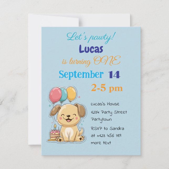 Invitation Joyeux chiot, garçon, faisons la fête, 1er anniver (Devant)