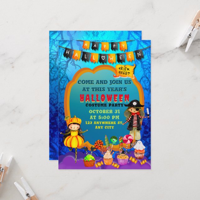 Invitation Joyeux Costume d'Halloween Fête d'enfants Célébrat (Devant/Arrière en situation)