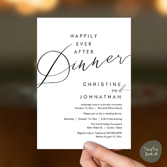 Invitation Joyeux dîner après le mariage romantique élégant (Happily Ever After Dinner Romantic Elegant Wedding Invitation Card in Black and White)