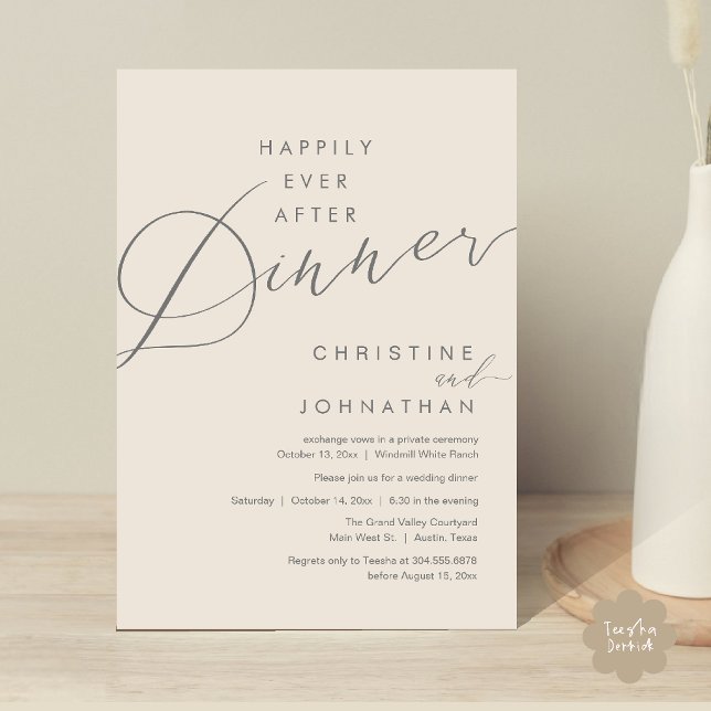 Invitation Joyeux dîner après le mariage romantique élégant (Happily Ever After Dinner Romantic Elegant Wedding Invitation Card in Cream Grey)