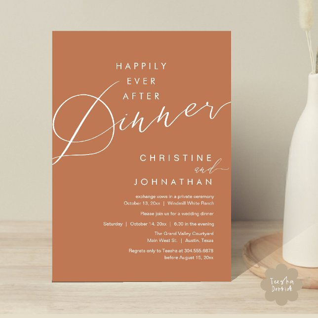 Invitation Joyeux dîner après mariage romantique élégant (Happily Ever After Dinner Romantic Elegant Wedding Invitation Card in Terracotta Brown Copper)