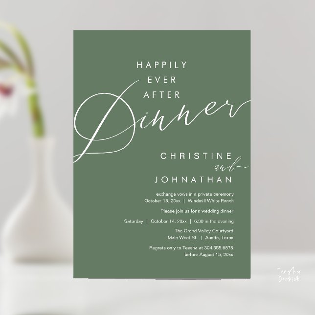 Invitation Joyeux dîner après mariage romantique élégant (Happily Ever After Dinner Romantic Elegant Wedding Invitation Card in Sage Green)