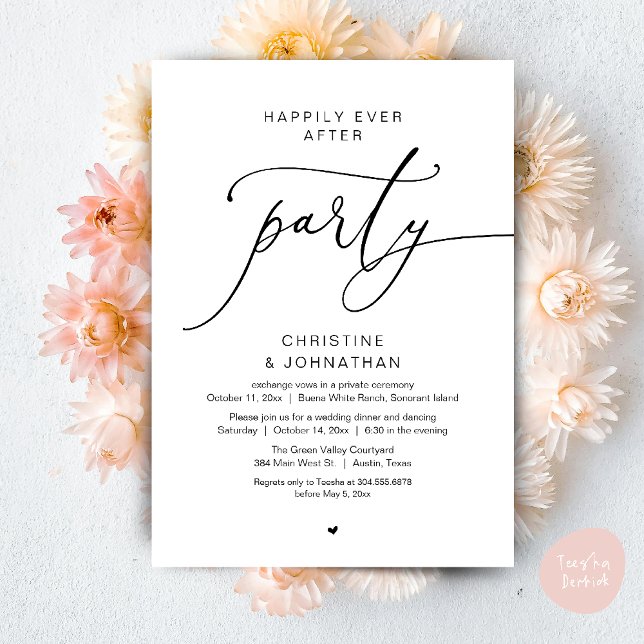 Invitation Joyeux dîner de mariage et soirée dansante pour to (Happily Ever After Romantic Wedding Dinner Party Dancing Modern Clean Invites Card PDF Black White)