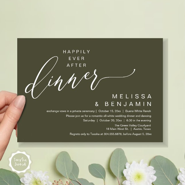 Invitation Joyeux dîner de mariage romantique après la fête (Happily Ever After Dinner Modern Romantic Wedding Romantic Party Invitation Card Rustic Olive Green)