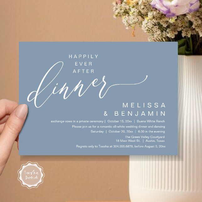 Invitation Joyeux dîner de mariage romantique après la fête (Happily Ever After Dinner Modern Romantic Wedding Romantic Party Invitation Card Dusty Blue)