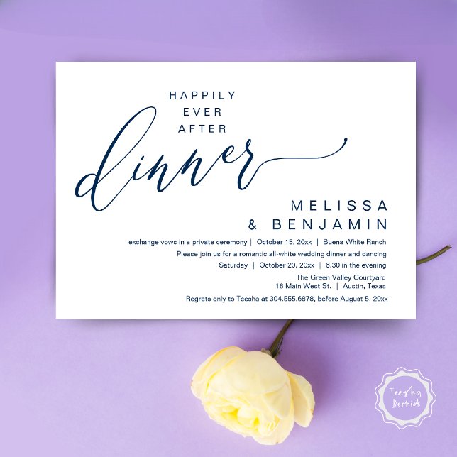 Invitation Joyeux dîner de mariage romantique après la soirée (Happily Ever After Dinner Modern Romantic Wedding Romantic Party Invitation Card Navy Blue)