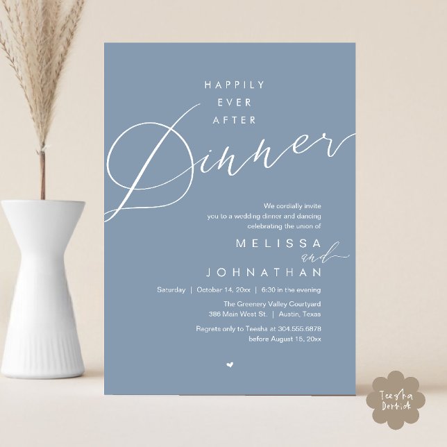 Invitation Joyeux dîner de mariage romantique pour toujours (Happily Ever After Dinner Romantic Wedding Reception Party Invitation card in dusty blue)