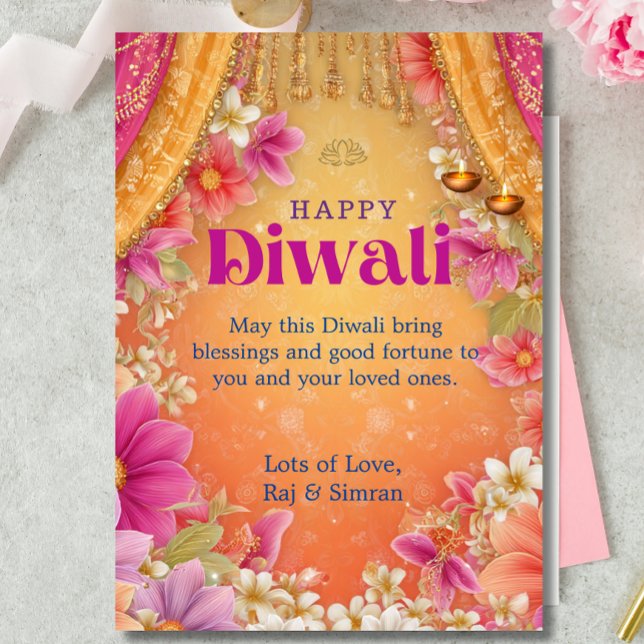 Invitation Joyeux Diwali Fleurs Rose Jaune Violet (Créateur téléchargé)