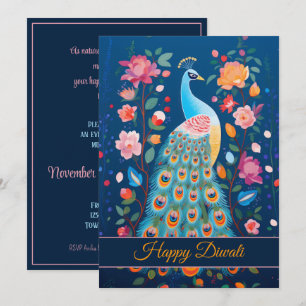 Invitation Joyeux Diwali Peacock & Flowers