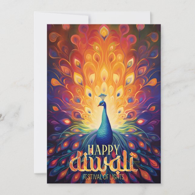 Invitation Joyeux Diwali Vibrant Peacock Festival des lumière (Devant)