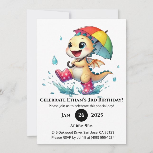 Invitation Joyeux Dragon de Bébé dans la pluie Anniversaire (Devant)