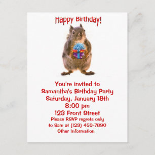 Invitation Joyeux écureuil d'anniversaire avec le présent