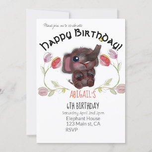 Invitation Joyeux Eléphant et Tulipes d'anniversaire