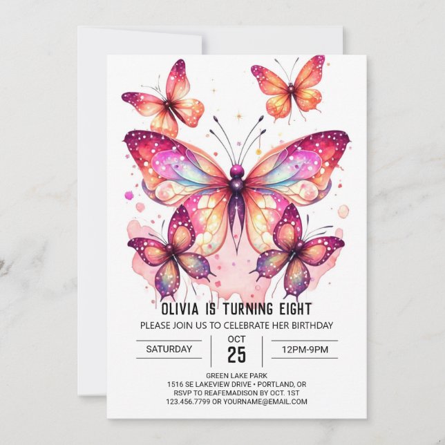 Invitation Joyeux enfant papillon fille anniversaire (Devant)