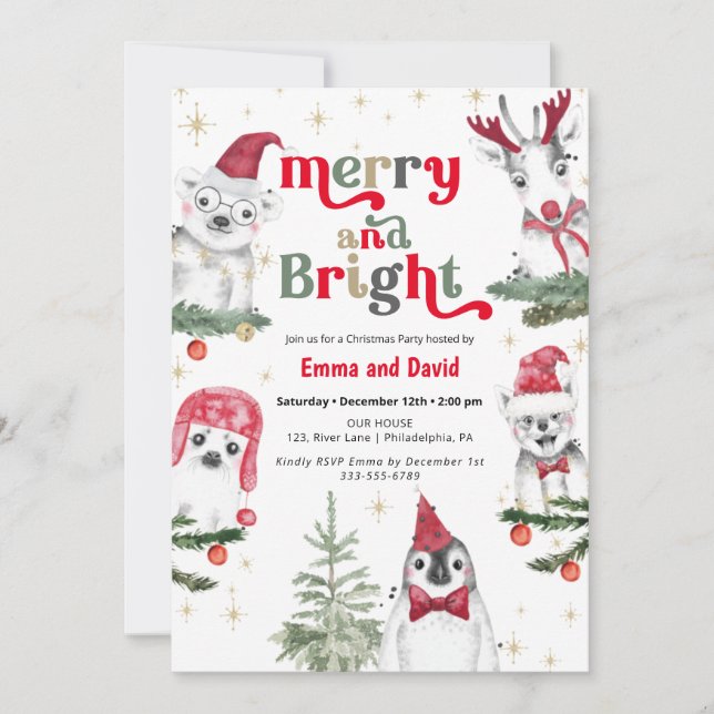 Invitation Joyeux et Bright Animaux Noël Fête (Devant)