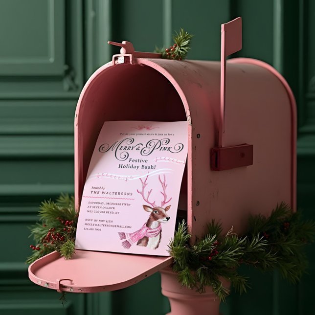 Invitation Joyeux et rose Fun Vacances Bassin Reinder Écharpe (Merry & Pink Fun Holiday Bash Reindeer Pink Scarf Party Invitation)