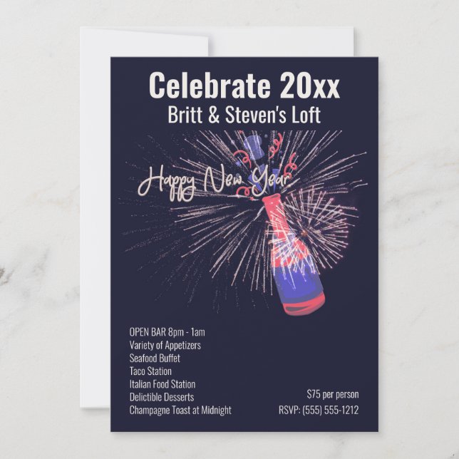 Invitation Joyeux feu d'artifice Champagne Celebration Menu (Devant)