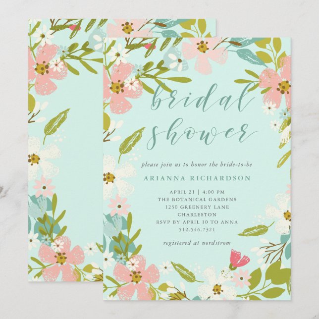 Invitation Joyeux Floral sur Mint Green | Fête des mariées (Devant / Derrière)
