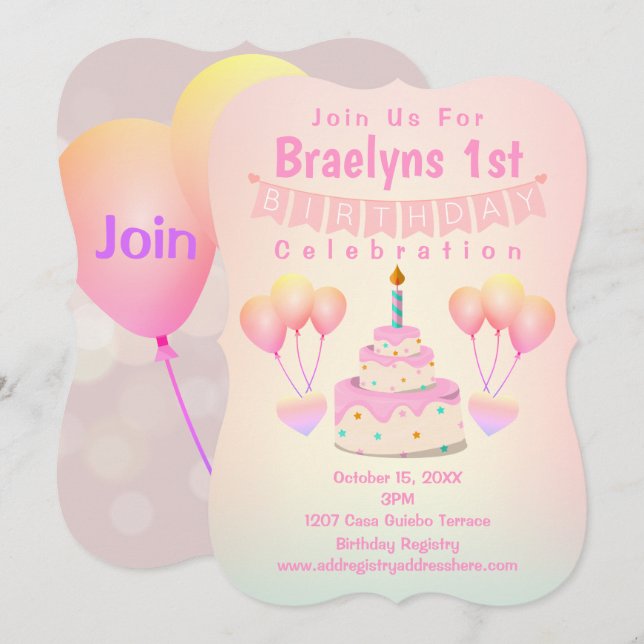 Invitation Joyeux gâteau et ballons d'anniversaire 1er (Devant / Derrière)