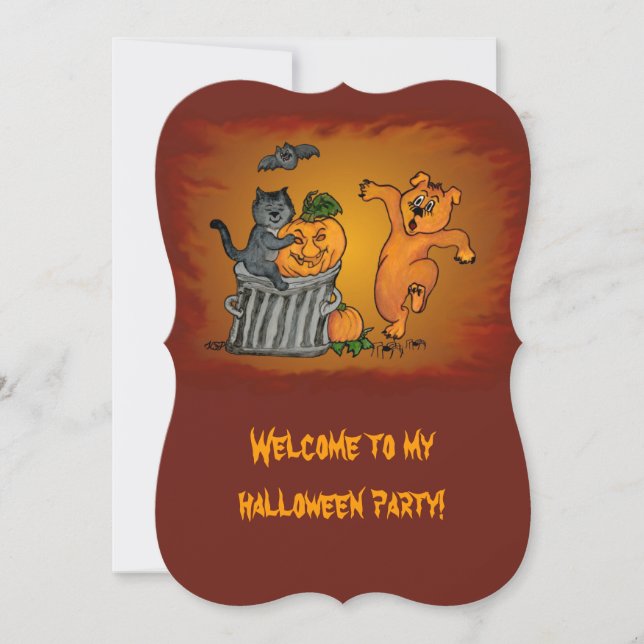 Invitation Joyeux Halloween avec Chat Chat Chien et Araignée (Devant)