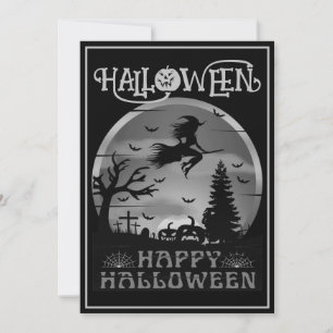Invitation Joyeux Halloween Balai de sorcière gris noir Cimet